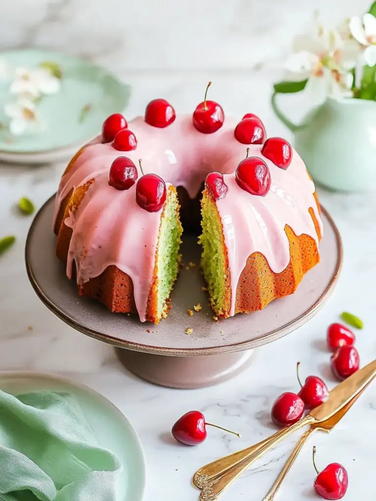Pistachio Bundt Cake w/ Cherry Glaze